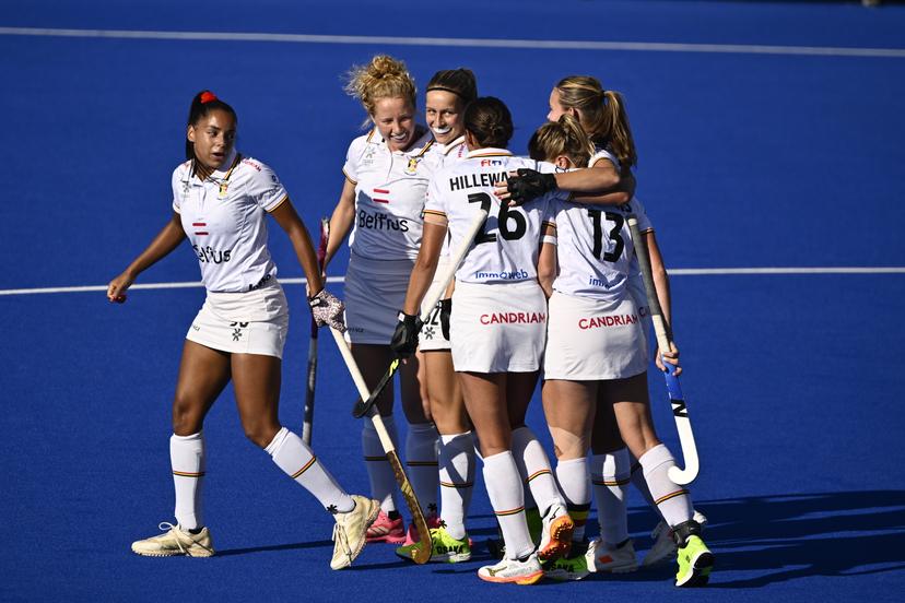 The Red Panthers are pictured during a hockey game between England and the Belgian national team Red Panthers, match 2/3 in the pool stage of the 2025 women's European championships, Monday 11 August 2025 in Monchengladbach, Germany.  BELGA PHOTO ERIC LALMAND