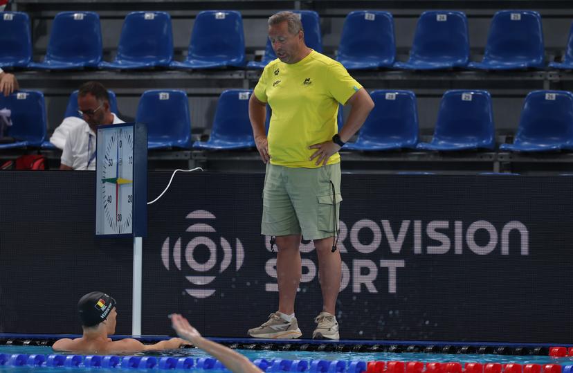 Belgium's coach Mark Faber pictured during the warming-up for the third day of the European Aquatics Championships in Paris, France on Wednesday 12 August 2026. BELGA PHOTO VIRGINIE LEFOUR