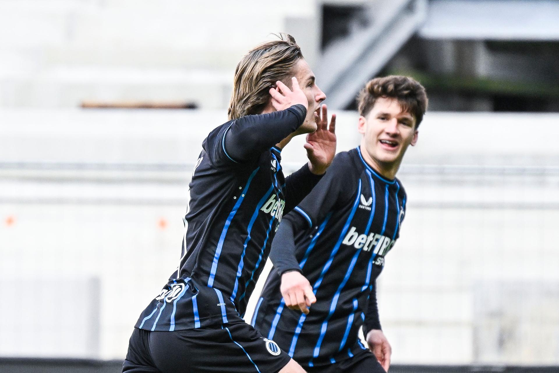 Club's Romeo Vermant celebrates after scoring during a soccer match between Royal Antwerp FC and Club Brugge, Sunday 26 October 2025 in Antwerp, on day 12 of the 2025-2026 'Jupiler Pro League' first division of the Belgian championship. BELGA PHOTO TOM GOYVAERTS