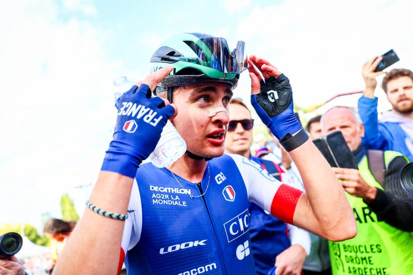France Paul Seixas pictured after the Men Elite raod race, a 202,5 km from Privas to Guilherand-Granges, at the UEC road European cycling championships, Sunday 05 October 2025, France. The European cycling championships Drome-Ardeche takes place from 1 to 5 October, France. BELGA PHOTO DAVID PINTENS