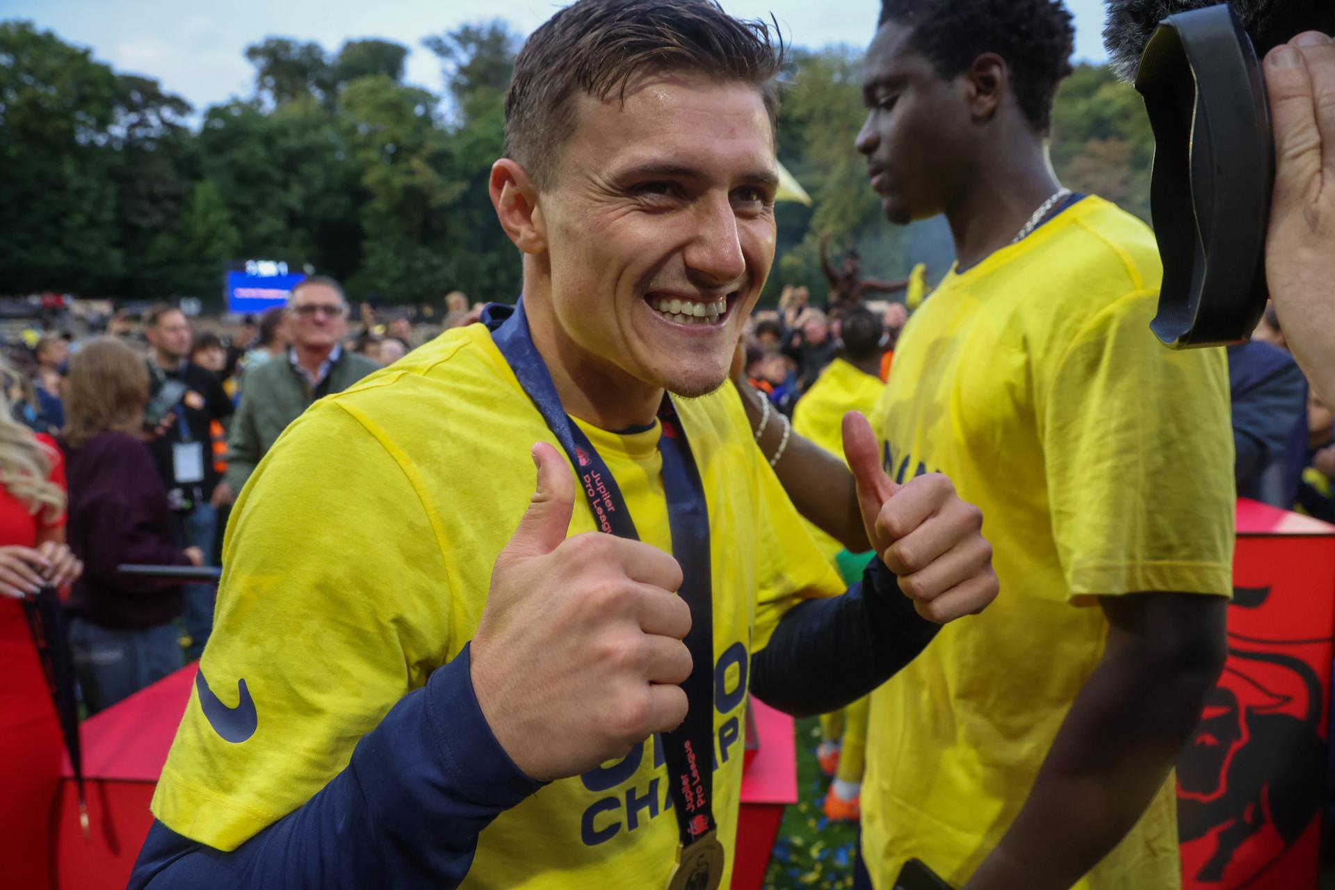 Union's Alessio Castro-Montes pictured during the celebration of Royale Union Saint-Gilloise supporters and players, Sunday 25 May 2025 in Brussels, after winning the 2024-2025 'Jupiler Pro League' first division of the Belgian championship. Union defeated KAA Gent 3-1. BELGA PHOTO VIRGINIE LEFOUR