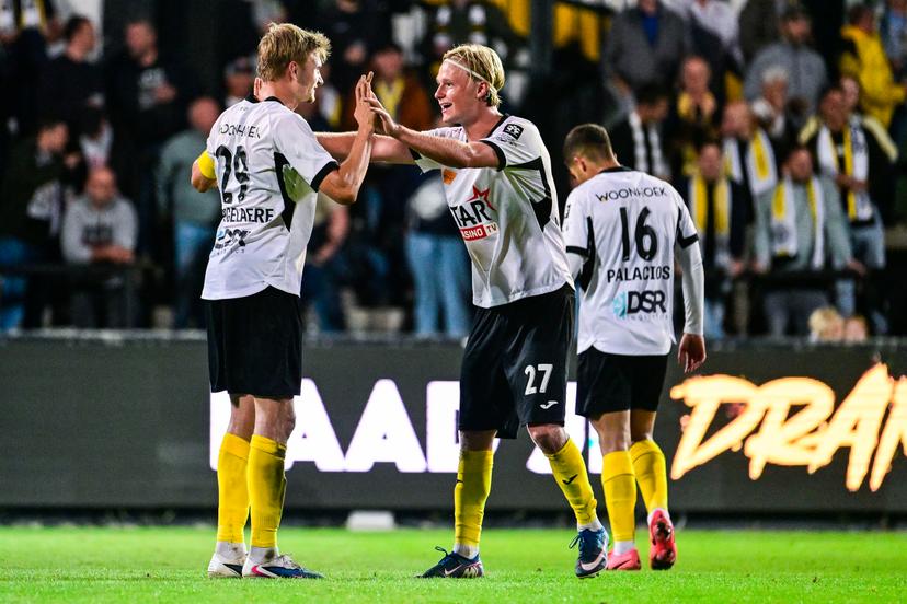 Lokeren's Rune Van Den Bergh celebrates after scoring during a soccer match between KSC Lokeren and KAS Eupen, Friday 21 August 2026 in Lokeren, on day 3 of the 2026-2027 'Challenger Pro League' the second highest division of the Belgian championship. BELGA PHOTO TOM GOYVAERTS