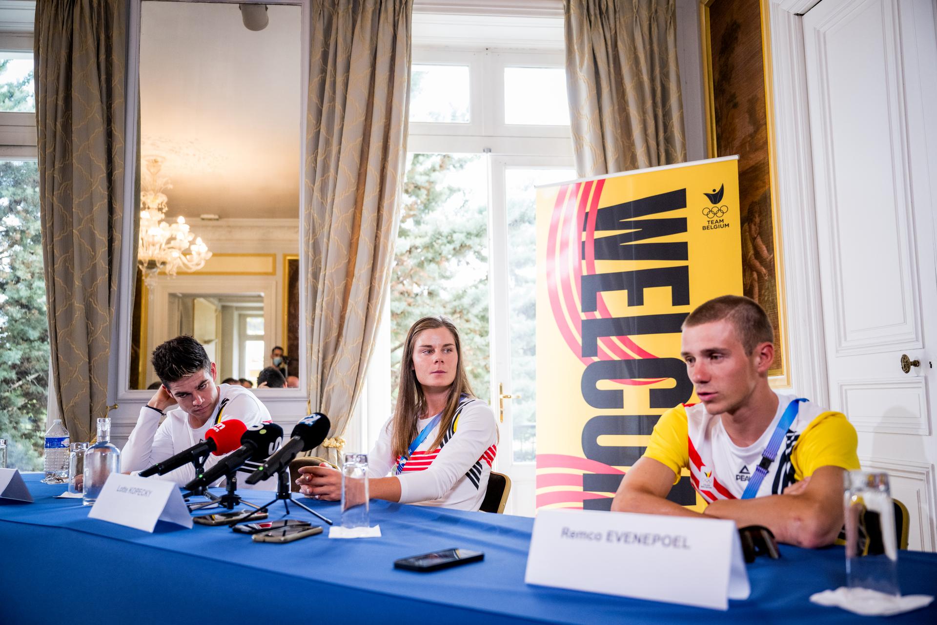 Belgian cyclist Wout van Aert, Belgian cyclist Lotte Kopecky and Belgian cyclist Remco Evenepoel pictured during a press conference of the Belgian cycling team, part of preparations for the Paris 2024 Olympic Games, Thursday 25 July 2024 in Paris, France. The 2024 Summer Olympics take place in Paris from 26 July to 11 August. The Belgian delegation counts 165 athletes in 21 sports. BELGA PHOTO JASPER JACOBS