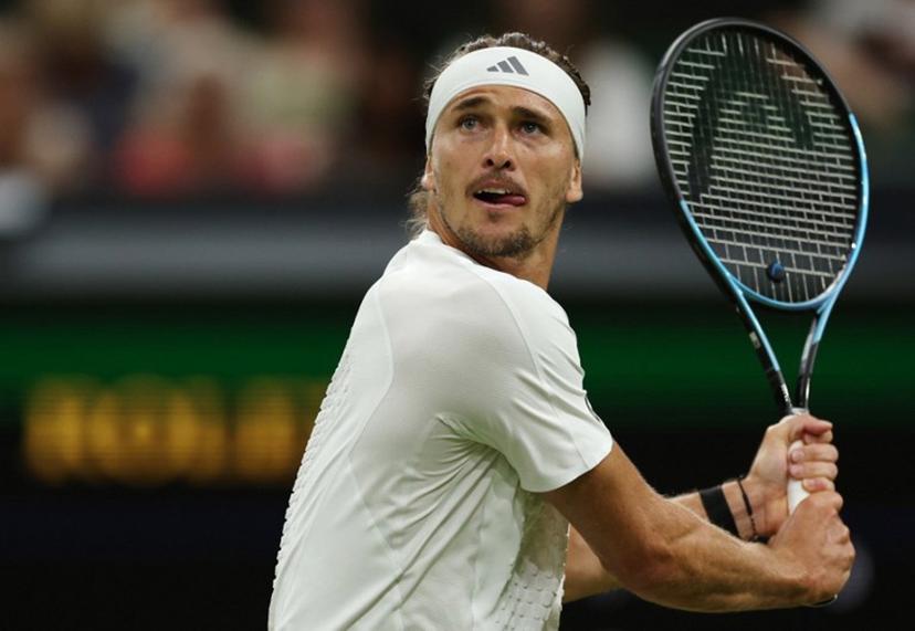 Germany's Alexander Zverev prepares to return to Czech Republic's Jiri Lehecka during their men's singles round of 16 tennis match on the eighth day of the 2026 Wimbledon Championships at The All England Lawn Tennis and Croquet Club in Wimbledon, southwest London, on July 6, 2026.  Adrian Dennis / AFP