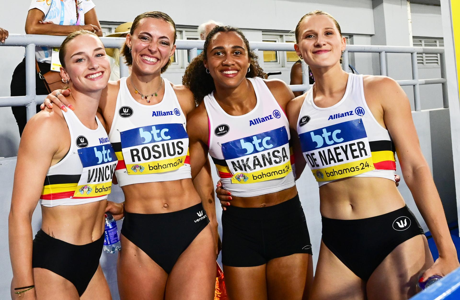 Belgian Rani Vincke, Belgian Rani Rosius, Belgian Delphine Nkansa and Belgian Janie De Naeyer pictured during the women's 4x100m 2nd qualifying round (repechage) at the IAAF World Athletics Relays, Sunday 05 May 2024, at the Thomas A. Robinson National Stadium in Nassau, The Bahamas. BELGA PHOTO ERIK VAN LEEUWEN