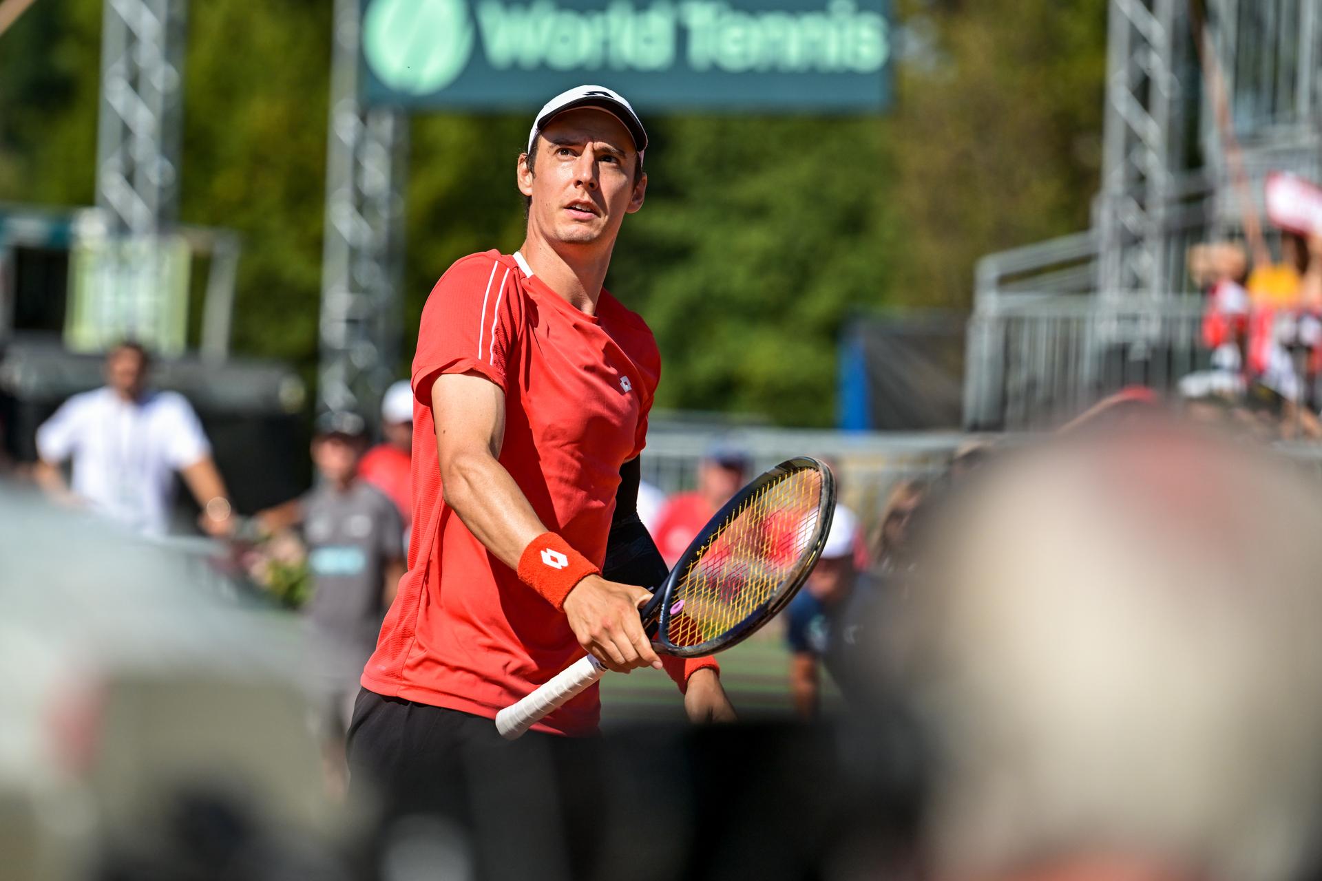 Belgian Joran Vliegen is pictured in action during a tennis match between Austrian pair Miedler/Oberleitner and Belgian pair Gille/ Vliegen, the third rubber in the tie between Austria and Belgium, qualifiers for the Davis Cup tournament, on Saturday 19 September 2026 in Vienna, Austria. BELGA PHOTO DAVID PINTENS