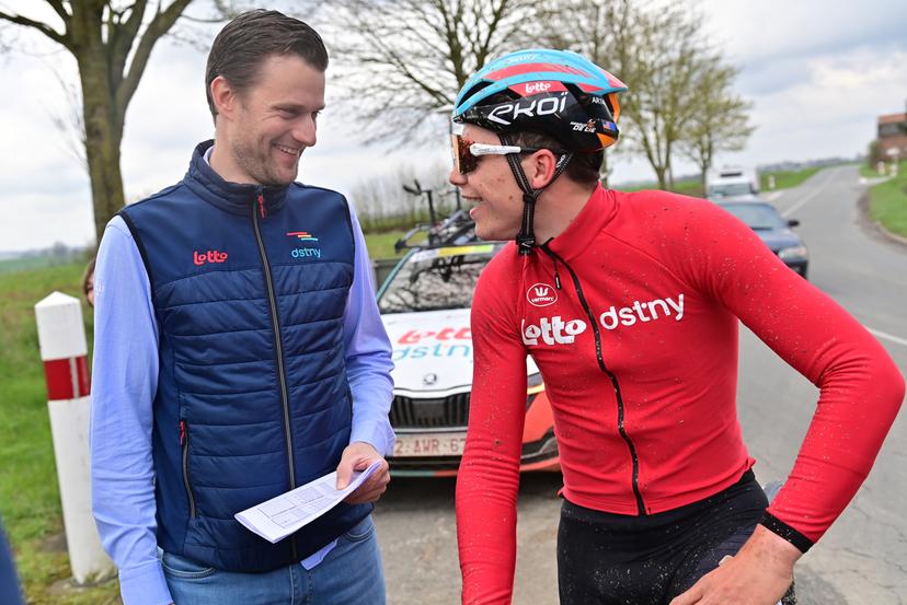 Lotto-Dstny sports director Nikolas Maes and Belgian Arnaud De Lie of Lotto-Dstny pictured during the reconnaissance of the track ahead of this year's Paris-Roubaix cycling race, Friday 07 April 2023, around Roubaix, France. The Paris-Roubaix cycling races will take place this weekend, with the women riding on Saturday and the men on Sunday.  BELGA PHOTO DIRK WAEM