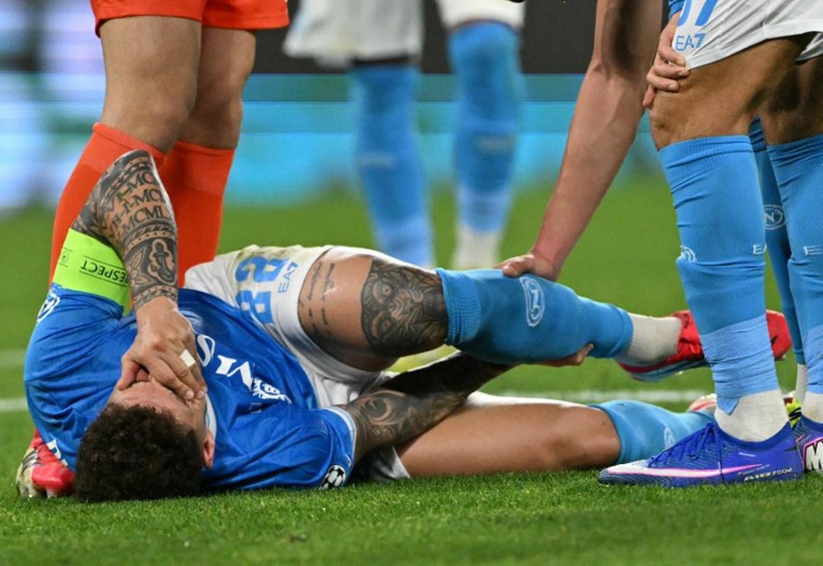 Napoli's Italian defender #22 Giovanni Di Lorenzo reacts during the UEFA Champions League - league phase day 8 football match between Napoli and Chelsea at the Diego Armando Maradona stadium in Naples on January 28, 2026.  Andreas SOLARO / AFP