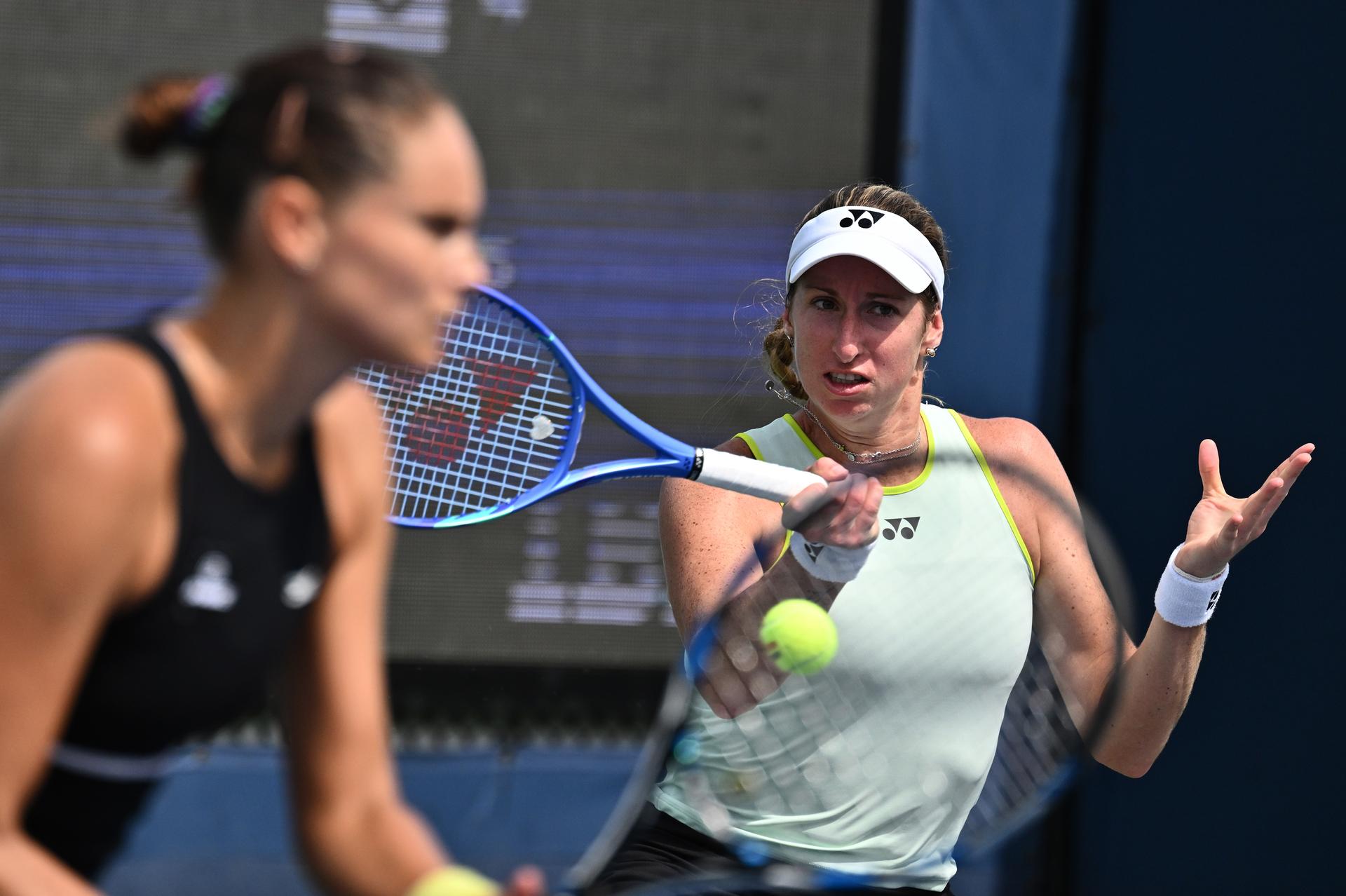 Magali Kempen of Belgium (r) and partner Alexandra Panova play against Makoto Nimoya of Japan and partner Mariia Kozyreva in the Women's Doubles Round 1 of the 2026 US Open Tennis Championship, USTA Billie Jean King National Tennis Center in Flushing Meadow-Corona Park, in the Queens borough of New York, NY, September 3, 2026. (Photo by Anthony Behar/Sipa USA) BELGA PHOTO BENELUX ONLY
