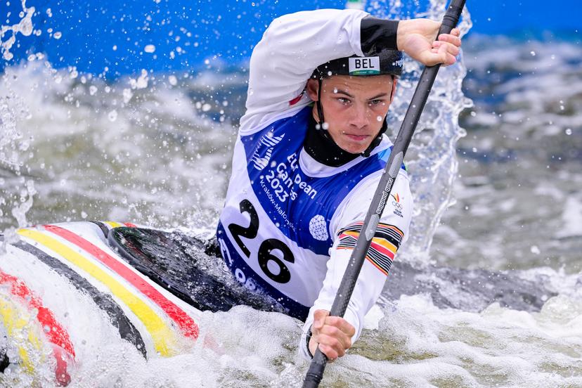Belgian Canoe Slalom Athlete Gabriel De Coster pictured in action during the semi final of the Canoe Kayak slalom event at the European Games in Krakow, Poland on Saturday 01 July 2023. The 3rd European Games, informally known as Krakow-Malopolska 2023, is a scheduled international sporting event that will be held from 21 June to 02 July 2023 in Krakow and Malopolska, Poland. BELGA PHOTO LAURIE DIEFFEMBACQ