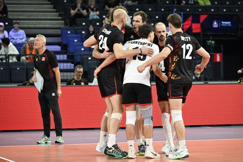 Team Belgium celebrates during the men's volleyball European Championships Pool C match Netherlands vs Belgium in Tampere, Finland, on September 11, 2026.   Emmi Korhonen / Lehtikuva / AFP