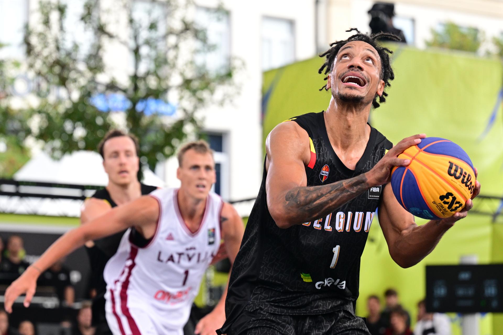 Belgium's Dennis Donkor pictured in action during a 3x3 basketball game between Latvia and Belgium, a quarter-finals game the men's FIBA 3x3 Europe Cup, on Sunday 13 September 2026 in Antwerp. BELGA PHOTO DIRK WAEM
