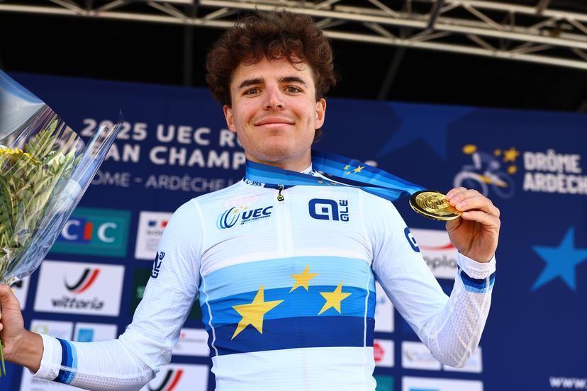 Belgian Jarno Widar celebrates on the podium after winning the 121,1 km Men U23 Road Race at the UEC road European cycling championships, in France on Saturday 04 October 2025. The European cycling championships in Drome-Ardeche takes place from 1 to 5 October. BELGA PHOTO DAVID PINTENS