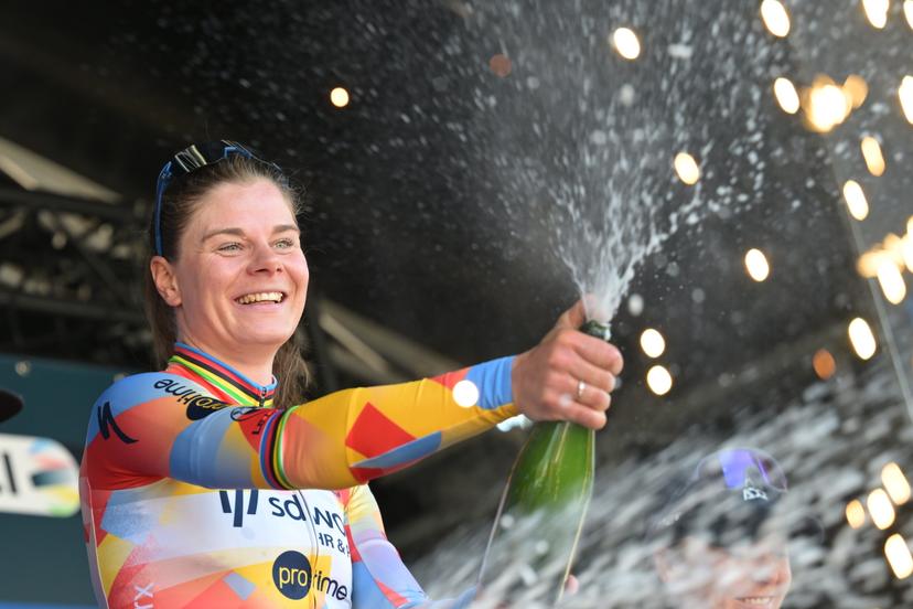 Belgian Lotte Kopecky celebrates on the podium after winning the 'Nokere Koerse' one day cycling race for women elite, 133,3km from Deinze to Nokere, Kruisem on Wednesday 18 March 2026. BELGA PHOTO DAVID PINTENS