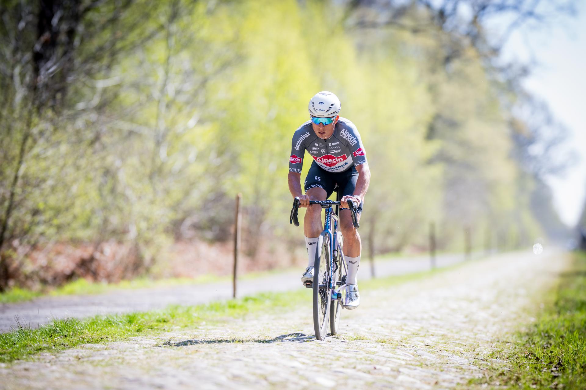 Belgian Jasper Philipsen of Alpecin-Deceuninck pictured in action during the reconnaissance of the track of this year's one-day cycling race Paris-Roubaix, around Roubaix, France, Friday 11 April 2025. BELGA PHOTO JASPER JACOBS