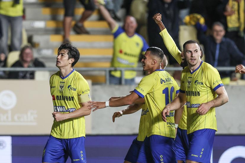 STVV's Shogo Taniguchi celebrates after scoring during a soccer game between Belgian Sint-Truidense V.V. and Cypriot AC Omonoia Nicosia, Thursday 20 August 2026 in Sint-Truiden, the first leg of the play-off round for the UEFA Europa League league phase. BELGA PHOTO BRUNO FAHY