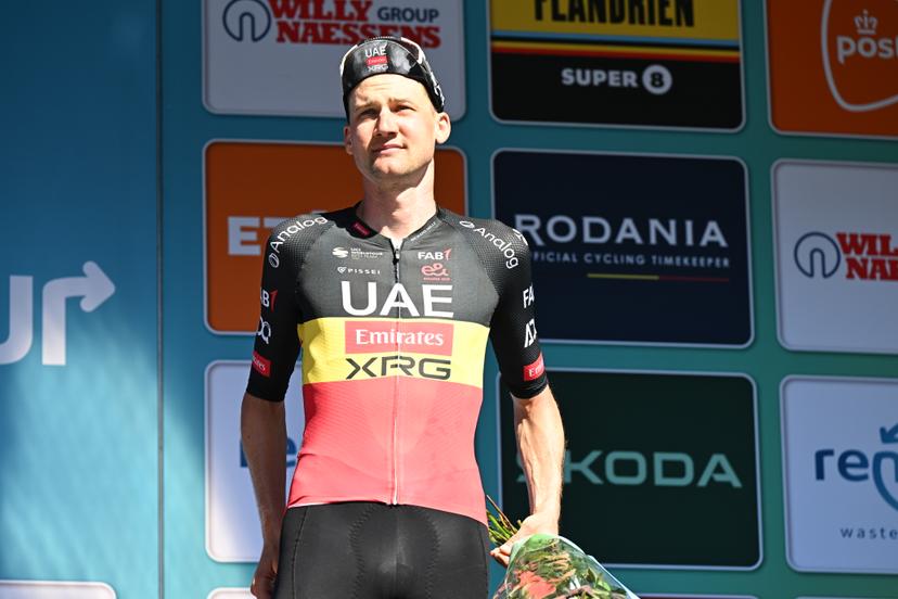 Belgian Tim Wellens of UAE Team Emirates pictured on the podium of the general ranking after the fifth and last stage of the 'Renewi Tour' multi-stage cycling race, 185km from and to Leuven on Sunday 24 August 2025. The five-day race takes place in Belgium and the Netherlands.  BELGA PHOTO DAVID PINTENS