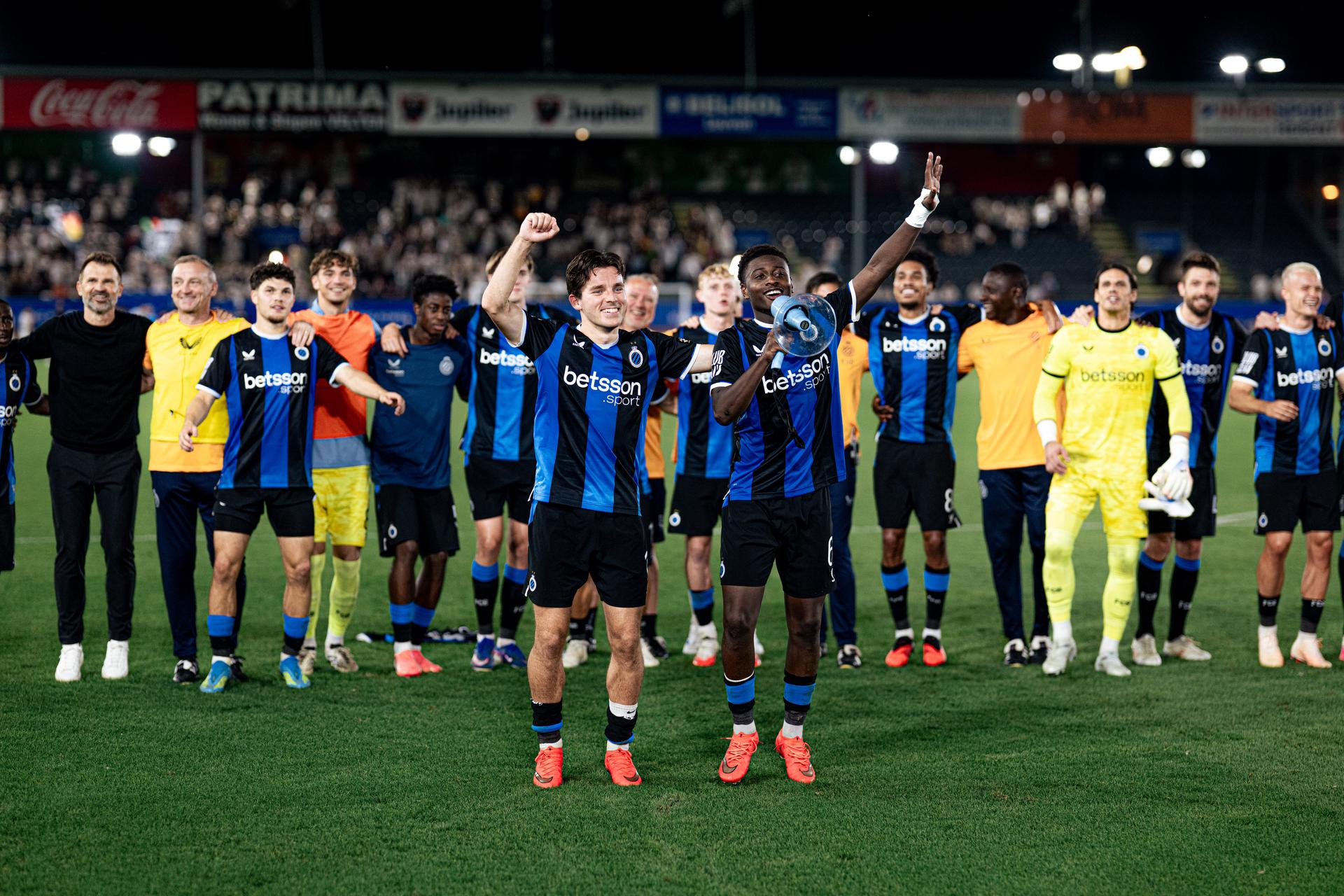 Club's Hugo Vetlesen and Club's Mamadou Diakhon celebrate after winning a soccer match between Oud-Heverlee Leuven and Club Brugge, Saturday 15 August 2026 in Leuven, on day 2 of the 2026-2027 'Jupiler Pro League' first division of the Belgian championship. BELGA PHOTO EMILE WINDAL