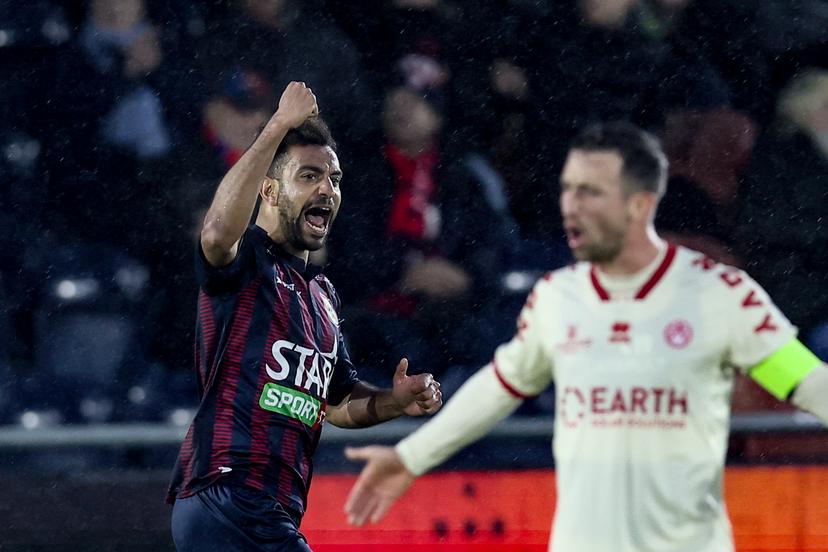 Liege's Pierre-Yves Ngawa celebrates after scoring during a soccer game between RFC Liege and KV Kortrijk, Sunday 07 December 2025 in Liege, on day 16 of the 2025-2026 'Challenger Pro League' 1B second division of the Belgian championship. BELGA PHOTO BRUNO FAHY