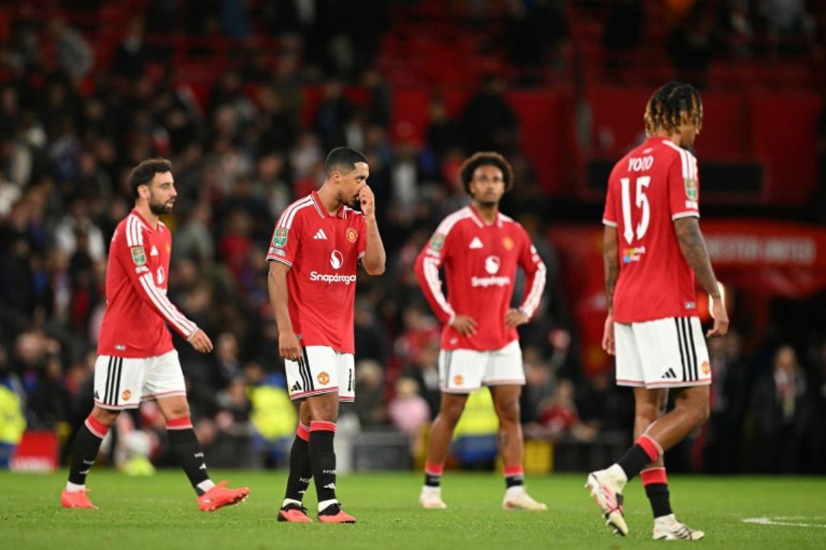 Manchester United's Belgian midfielder #18 Youri Tielemans reacts following the English League Cup third round football match between Manchester United and Brighton and Hove Albion at Old Trafford in Manchester, north west England, on September 16, 2026.  Oli SCARFF / AFP