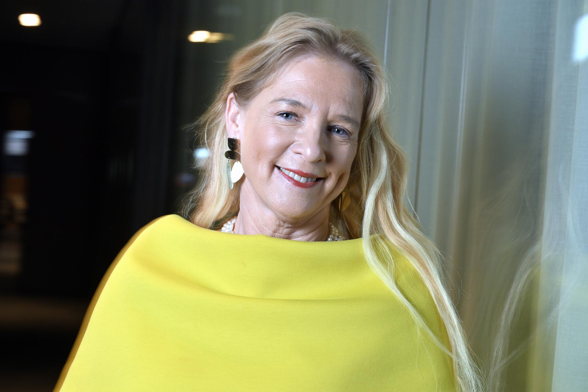 RBFA chairwoman Pascale Van Damme poses for the photographer during during a portrait session in marge of the newly appointed CEO of the Belgian soccer union KBVB-URBSFA, Friday 26 January 2024, in Tubize. BELGA PHOTO ERIC LALMAND
