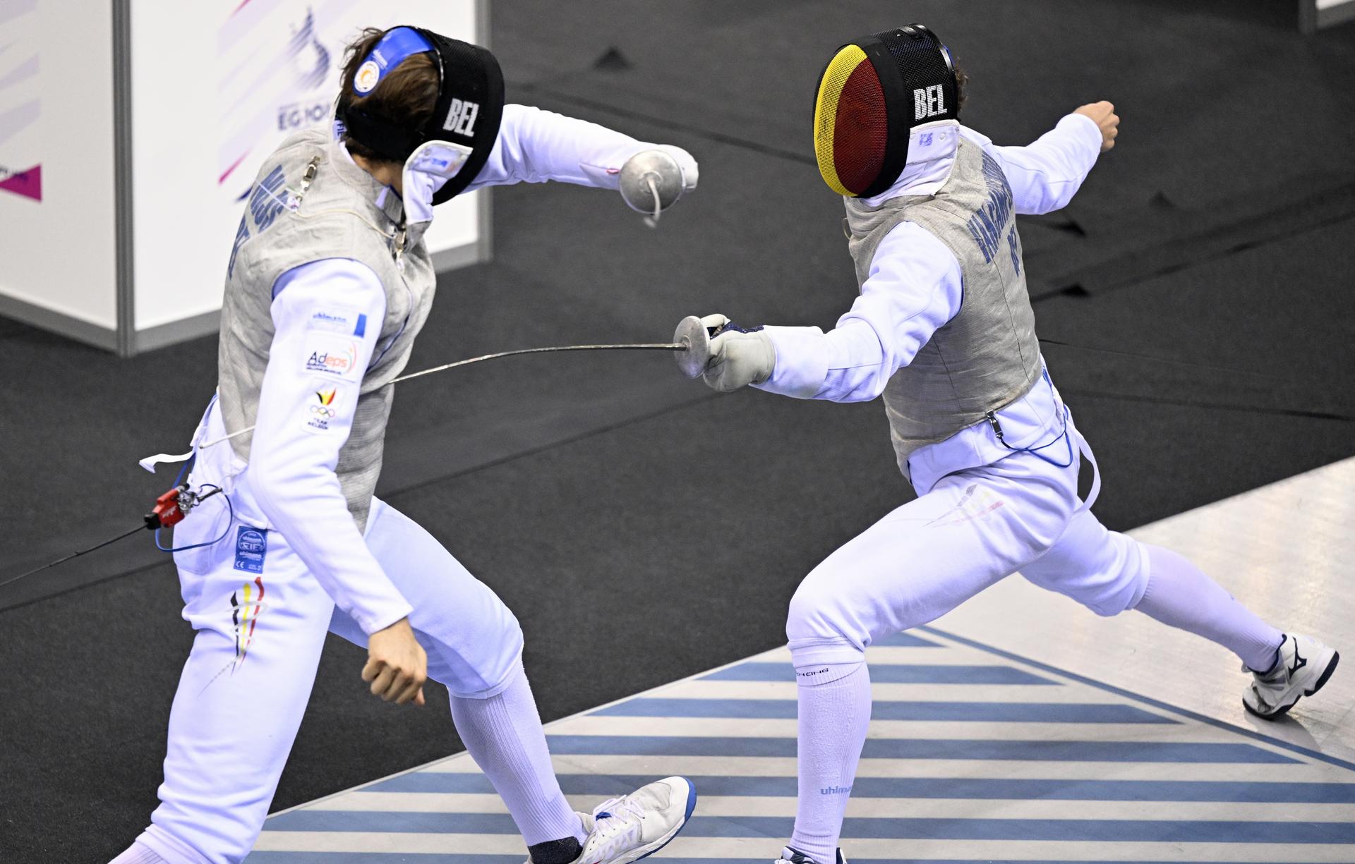 Fencing Athlete Mathieu Nijs and Fencing Athlete Stef Van Campenhout pictured in action during the 1/16 final in the men's foil competition, at the European Games in Krakow, Poland on Monday 26 June 2023. The 3rd European Games, informally known as Krakow-Malopolska 2023, is a scheduled international sporting event that will be held from 21 June to 02 July 2023 in Krakow and Malopolska, Poland. BELGA PHOTO LAURIE DIEFFEMBACQ