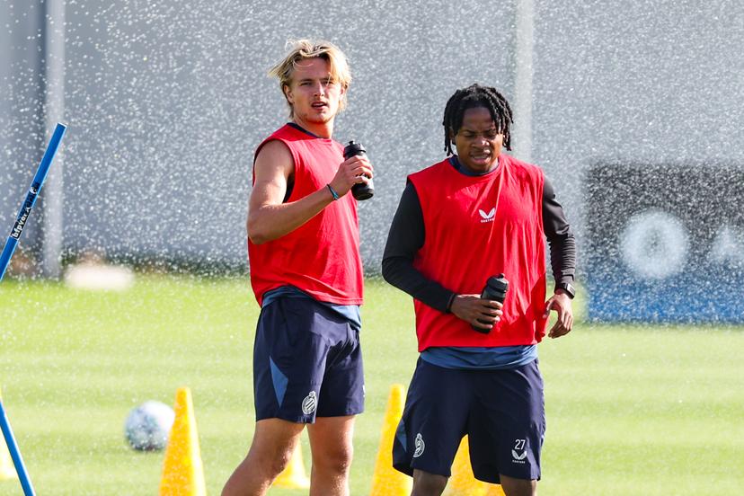 Club's Romeo Vermant and Club's Mike Wisdom are pictured during a training session of Belgian soccer team Club Brugge KV, Monday 7 September 2026 in Knokke-Heist. Club is preparing for the first game in the UEFA Champions League league phase against English Aston Villa FC tomorrow. BELGA PHOTO BRUNO FAHY