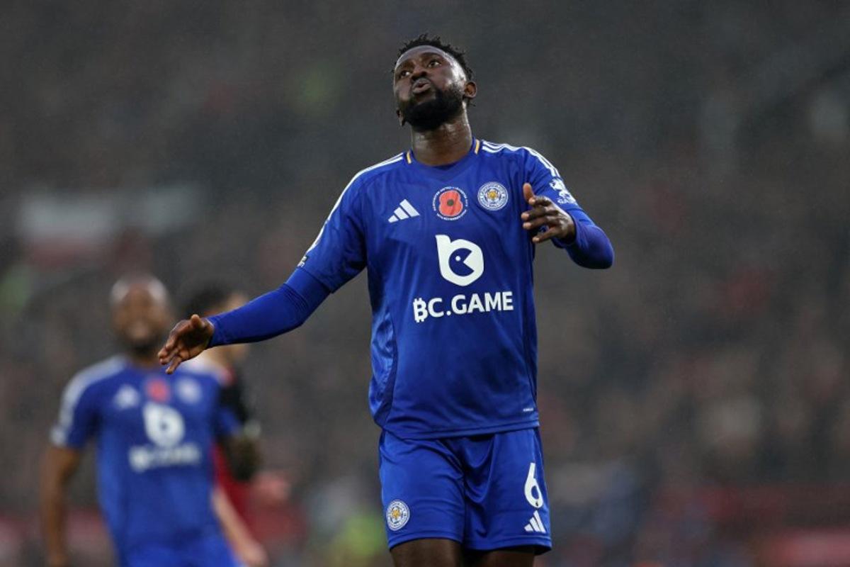 Leicester City's Nigerian midfielder #06 Wilfred Ndidi reacts after a missed goal opportunity during the English Premier League football match between Manchester United and Leicester City at Old Trafford in Manchester, north west England, on November 10, 2024.  Darren Staples / AFP
