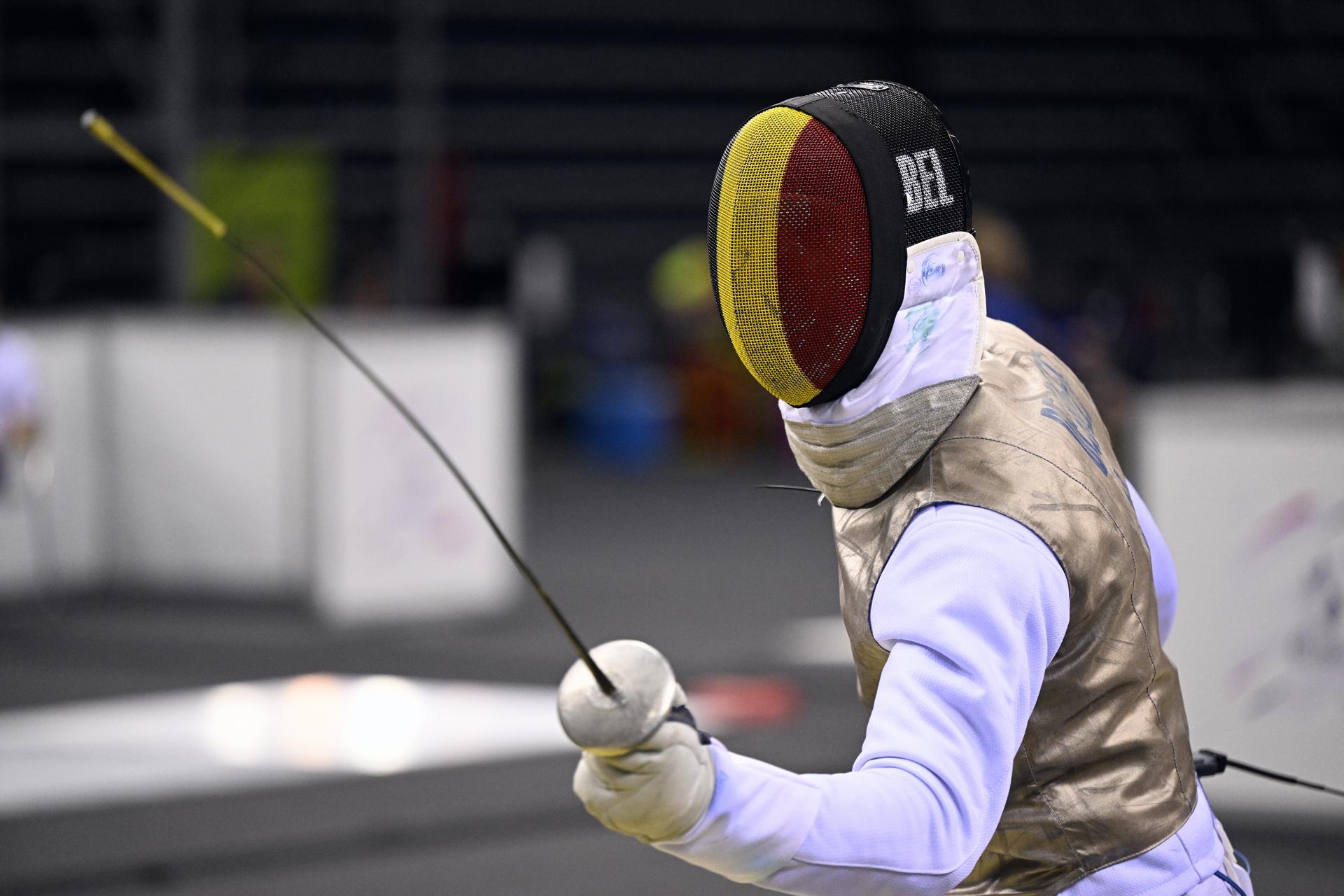 Fencing Athlete Stef De Greef pictured in action during a fight in the men's foil competition, at the European Games in Krakow, Poland on Monday 26 June 2023. The 3rd European Games, informally known as Krakow-Malopolska 2023, is a scheduled international sporting event that will be held from 21 June to 02 July 2023 in Krakow and Malopolska, Poland. BELGA PHOTO LAURIE DIEFFEMBACQ