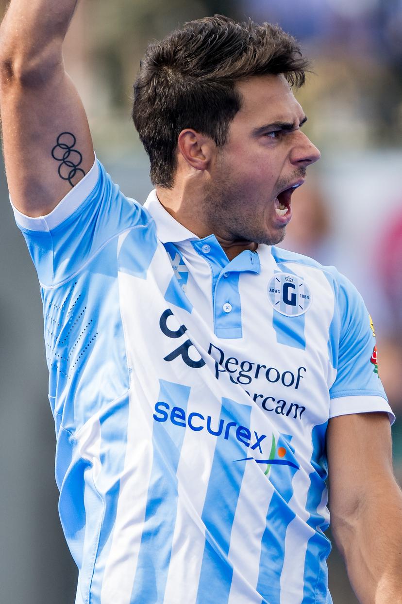 Gantoise's Alexander Hendrickx celebrates after scoring during a hockey game between Gantoise and Royal Leopold Club, Sunday 08 September 2024 in Gent, on the opening day the Belgian first division hockey championship. BELGA PHOTO JASPER JACOBS