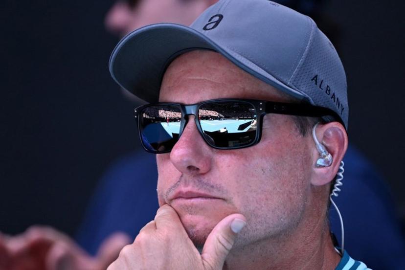 Australia's Alex De Minaur's coach, Lleyton Hewitt, looks on during the men's singles match between Australia's Alex De Minaur and Argentina's Francisco Cerundolo on day seven of the Australian Open tennis tournament in Melbourne on January 18, 2025.  WILLIAM WEST / AFP