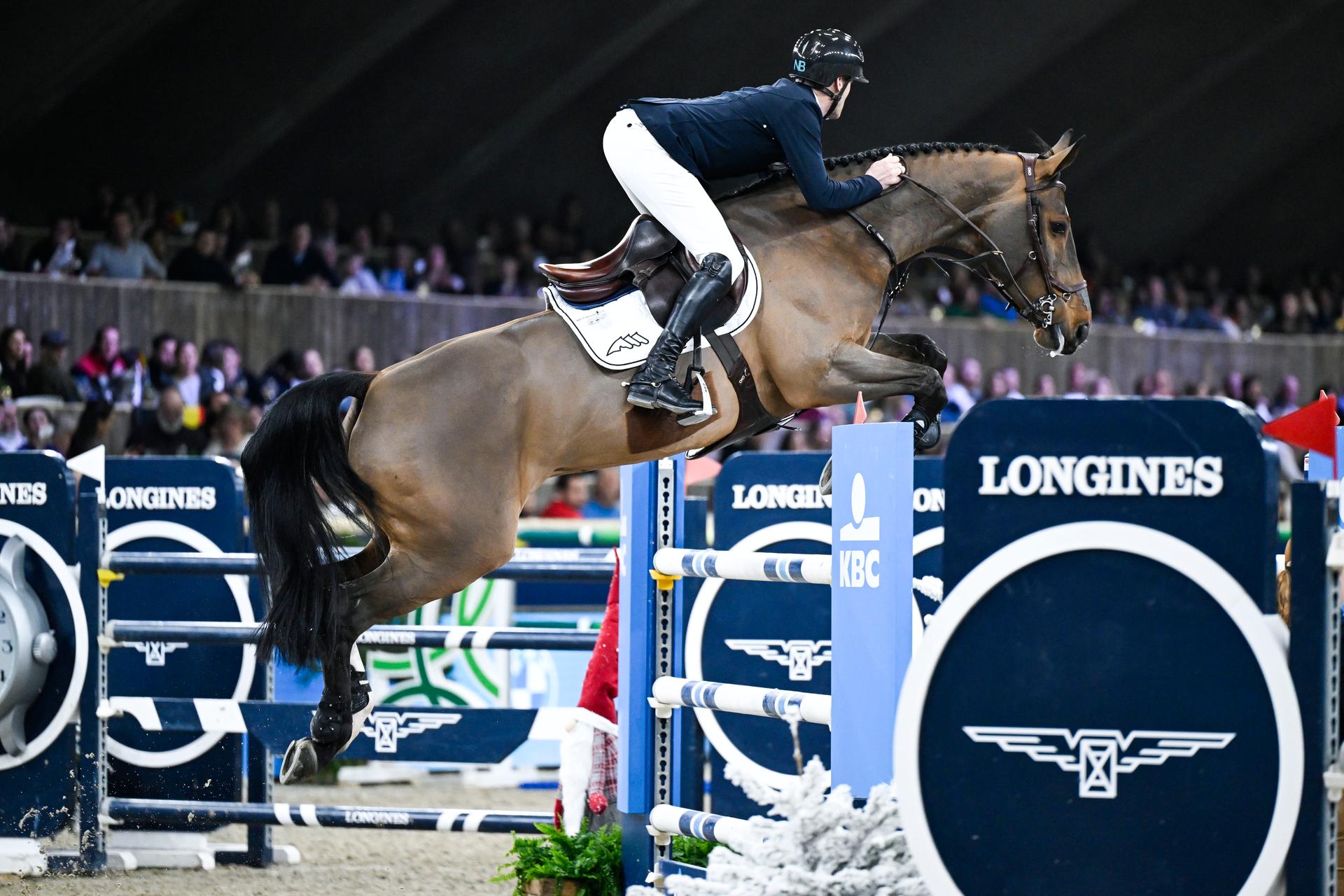 Belgian rider Niels Bruynseels with Origi vd Vosberg pictured in action during the FEI World Cup Jumping competition at the 'Vlaanderens Kerstjumping - Memorial Eric Wauters' equestrian event in Mechelen on Monday 30 December 2024. BELGA PHOTO TOM GOYVAERTS