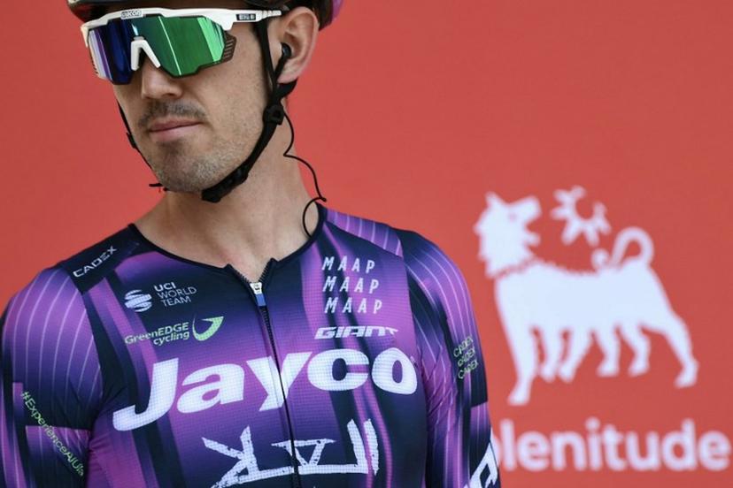 Team Jayco-AlUla's Australian rider Ben O'Connor is presented on stage before the start of the Vuelta a Espana, a 183 km race between Torino - Reggia di Venaria and Novara, in Italy's Piemonte region, on August 23, 2025.    Marco BERTORELLO / AFP