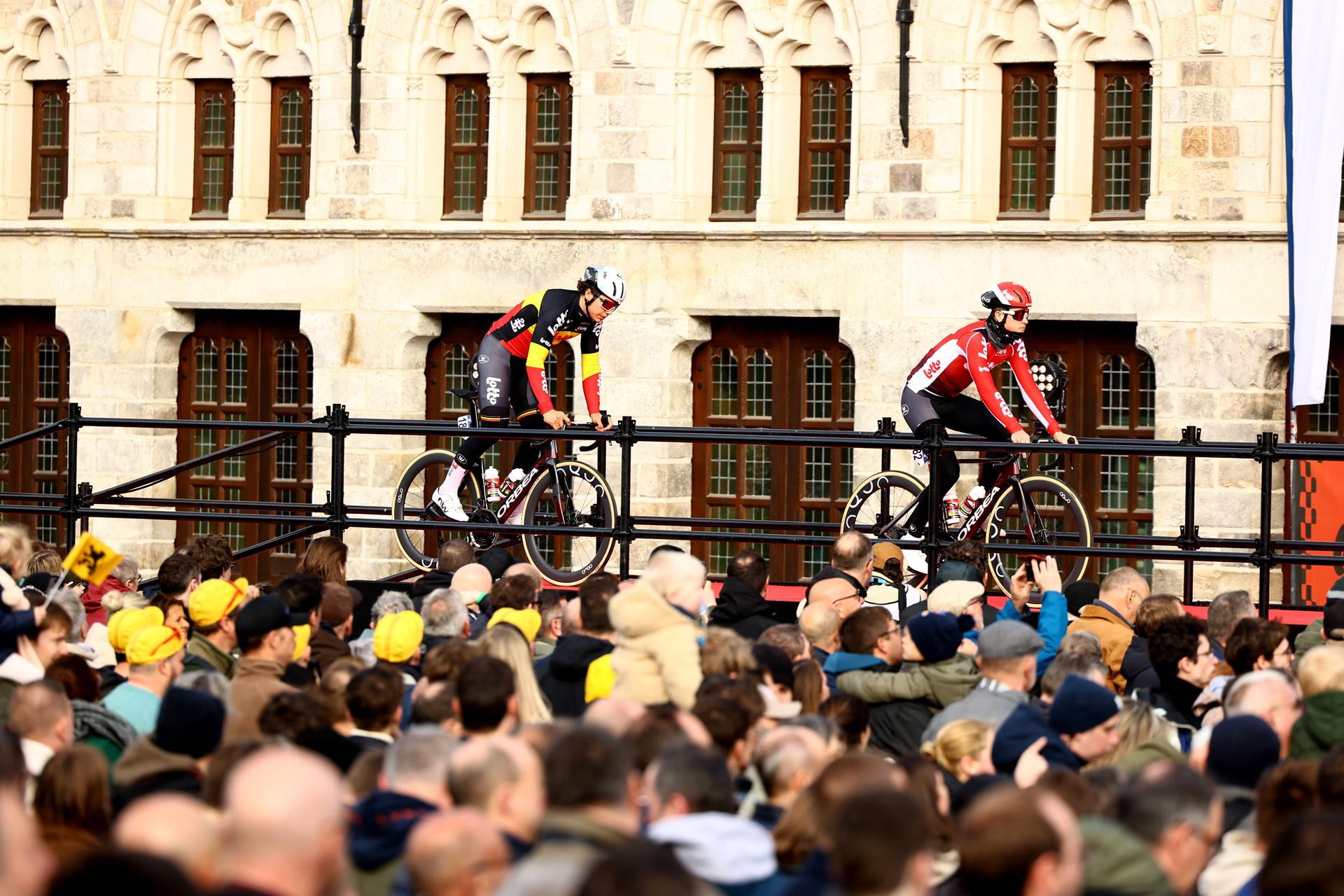 Belgian Arnaud De Lie of Lotto Cycling Team and Belgian Jenno Berckmoes of Lotto Cycling Team pictured at the start of the men elite 'Gent-Wevelgem - In Flanders Fields' one day cycling race, 250.3 km from Ieper to Wevelgem, Sunday 30 March 2025. BELGA PHOTO DAVID PINTENS