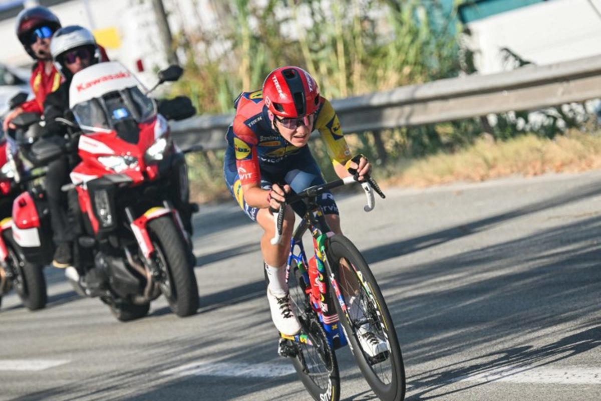 Lidl-Trek's Dutch rider Loes Adegeest rides in a breakaway during the 8th (out of 9) stage of the fifth edition of the Women's Tour de France cycling race, 171.9 km from Sisteron to Nice, in Nice, southeastern France on August 8, 2026.  NICOLAS TUCAT / AFP