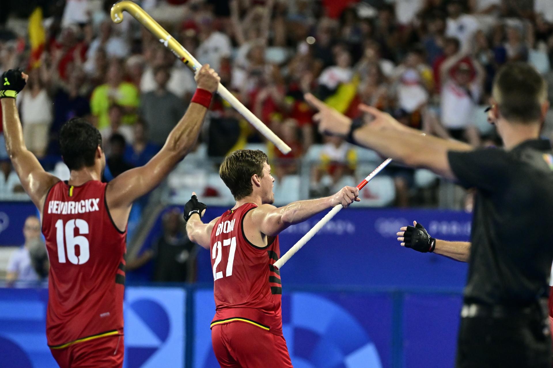Belgium's Alexander Hendrickx and Belgium's Tom Boon celebrate after winning a hockey game between Australia and Belgium's national team the Red Lions, game 3 in the men's pool B at the Paris 2024 Olympic Games, on Tuesday 30 July 2024 in Paris, France. The Games of the XXXIII Olympiad are taking place in Paris from 26 July to 11 August. The Belgian delegation counts 165 athletes competing in 21 sports. BELGA PHOTO DIRK WAEM