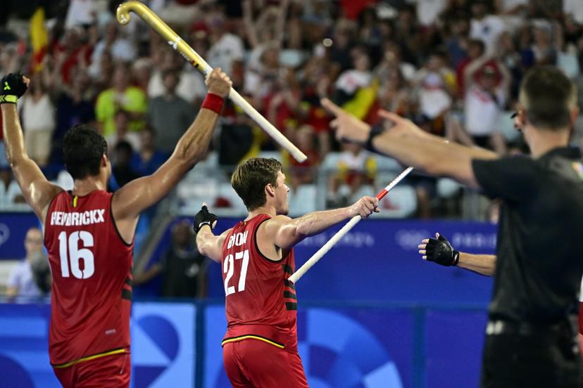 Belgium's Alexander Hendrickx and Belgium's Tom Boon celebrate after winning a hockey game between Australia and Belgium's national team the Red Lions, game 3 in the men's pool B at the Paris 2024 Olympic Games, on Tuesday 30 July 2024 in Paris, France. The Games of the XXXIII Olympiad are taking place in Paris from 26 July to 11 August. The Belgian delegation counts 165 athletes competing in 21 sports. BELGA PHOTO DIRK WAEM