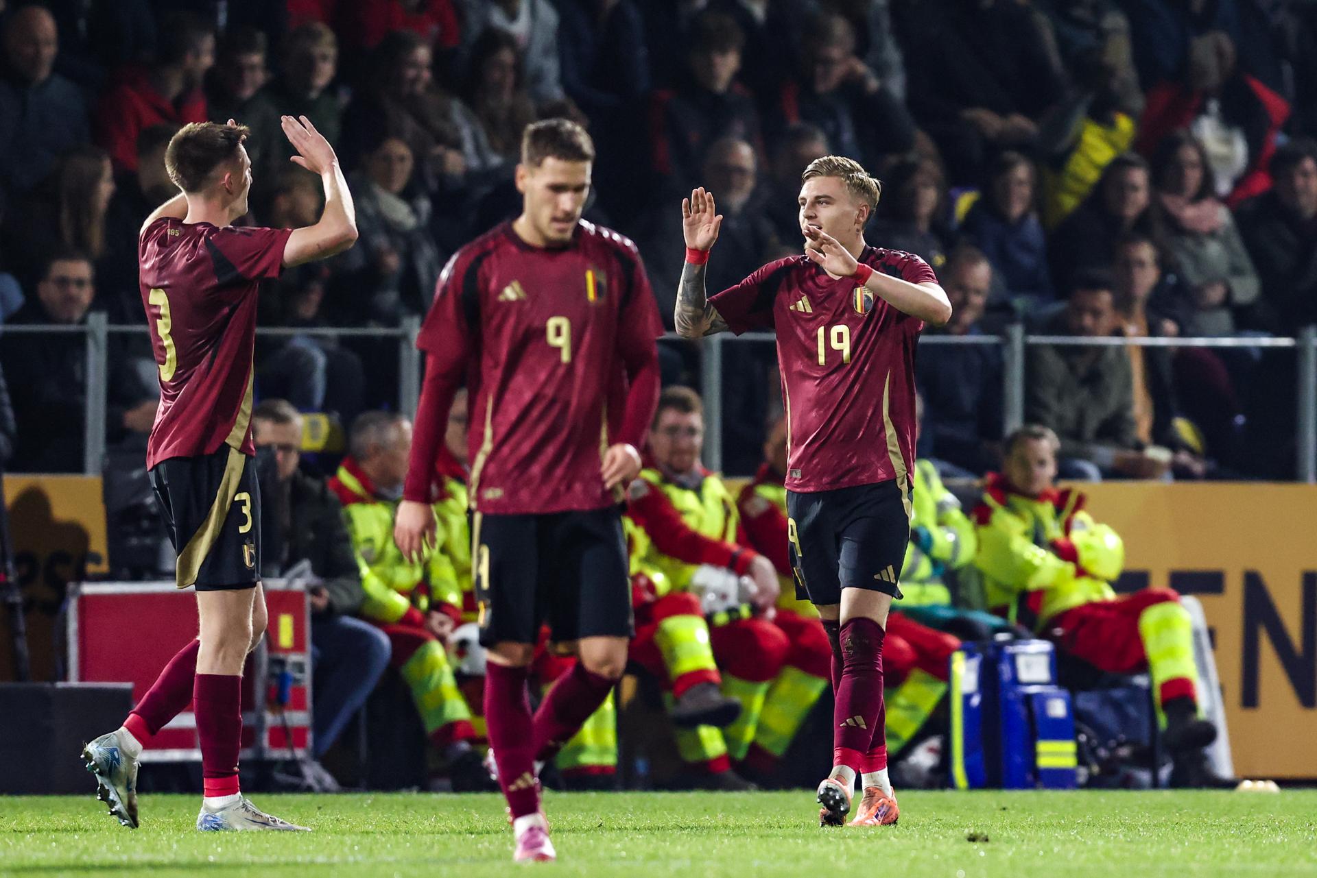 Belgium's Norman Bassette celebrates after scoring during a soccer game between the U21 youth team of the Belgian national team Red Devils and the U21 of Denmark, in Westerlo, on Tuesday 14 October 2025, game 3 (out of 8) of the qualifications for the 2027 UEFA European Under21 Championship. BELGA PHOTO BRUNO FAHY
