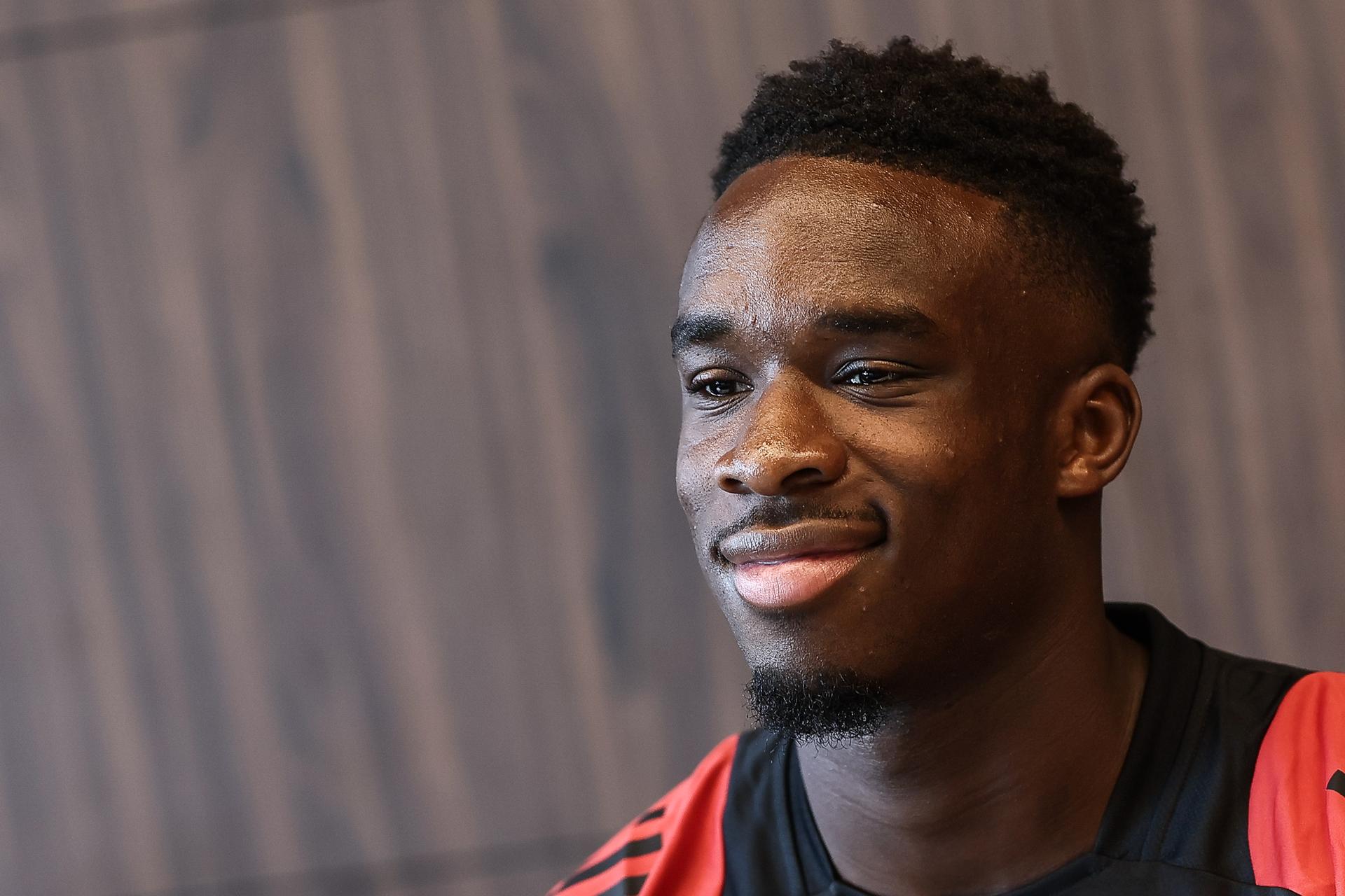 Belgium's Mandela Keita pictured during a press conference of the Belgian national soccer team Red Devils U21, at the Royal Belgian Football Association's training center, in Tubize, Tuesday 08 October 2024. The Red Devils U21 are playing against Scotland on Friday, for the UEFA EC qualifiers. BELGA PHOTO BRUNO FAHY