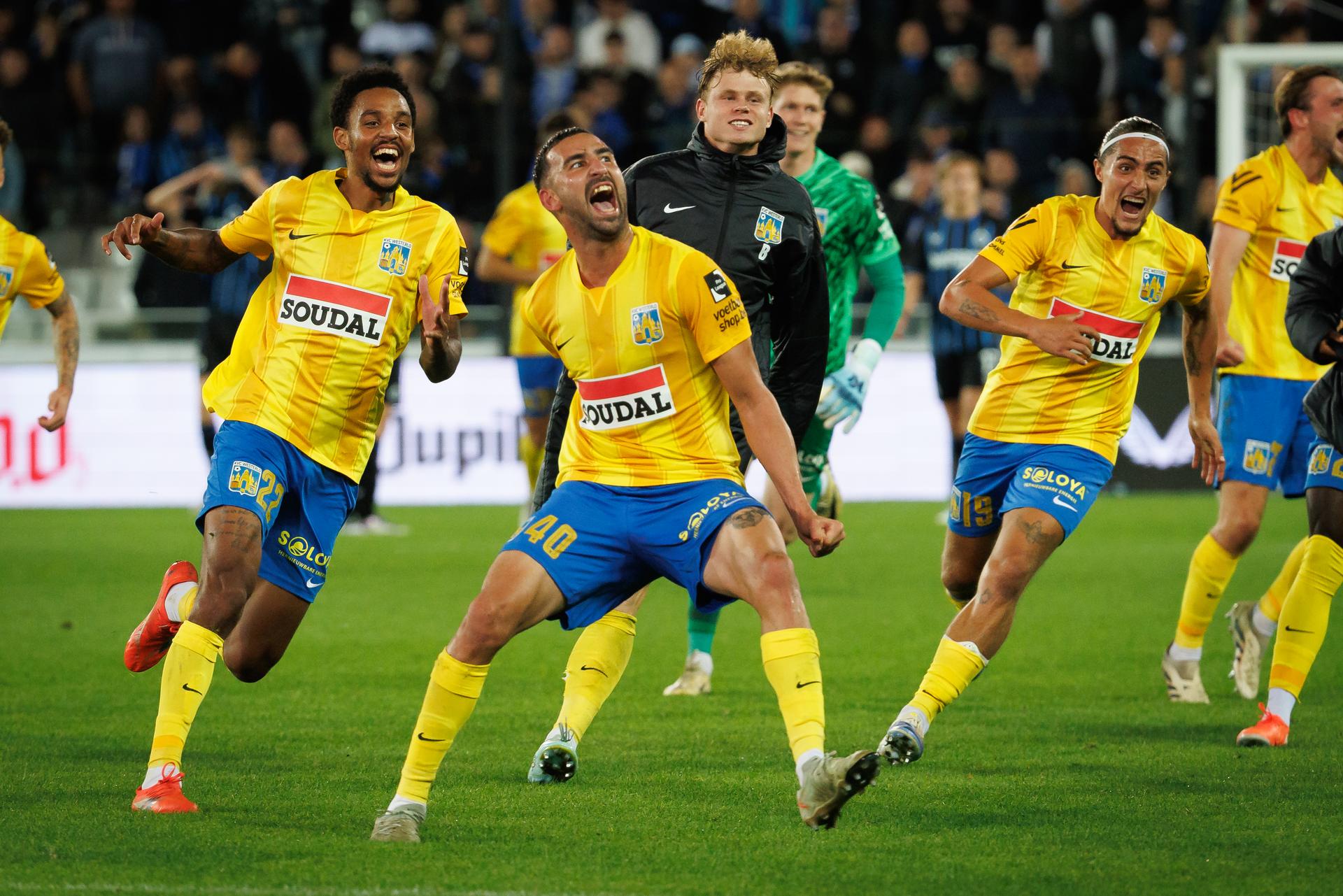 Westerlo's Emin Bayram celebrates after scoring during a soccer match between Club Brugge and KVC Westerlo, Wednesday 24 September 2025 in Brugge, a catch-up game of day 5 of the 2025-2026 'Jupiler Pro League' first division of the Belgian championship. BELGA PHOTO KURT DESPLENTER
