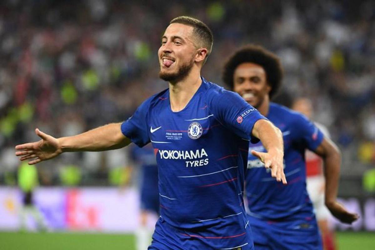Chelsea's Belgian midfielder Eden Hazard celebrates after scoring a goal during the UEFA Europa League final football match between Chelsea FC and Arsenal FC at the Baku Olympic Stadium in Baku, Azerbaijian, on May 29, 2019.  Kirill KUDRYAVTSEV / AFP
