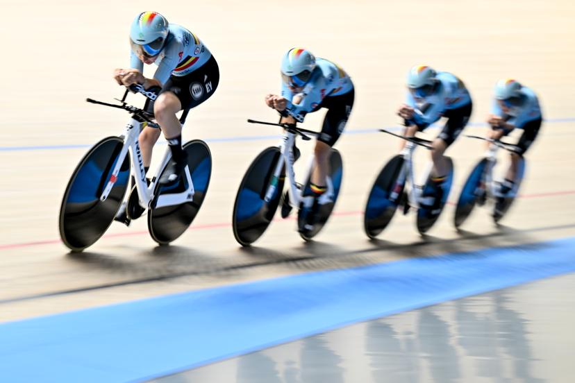 Belgian Katrijn De Clercq, Belgian Marith Vanhove, Belgian Febe Jooris and Belgian Helene Hesters pictured in action during the women's Team Pursuit first round at the 2025 UEC Track Elite European Championships, in Heusden-Zolder, Belgium, Thursday 13 February 2025. The European Championships take place from 12 to 16 February. BELGA PHOTO DIRK WAEM