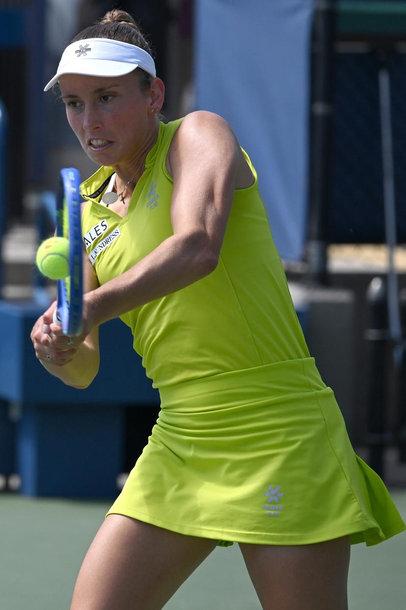 Belgian Elise Mertens pictured in action during a tennis match against US Ahn, in the first round of the women's singles of the 2025 US Open Grand Slam tennis tournament in New York City, USA, Monday 25 August 2025. BELGA PHOTO TONY BEHAR