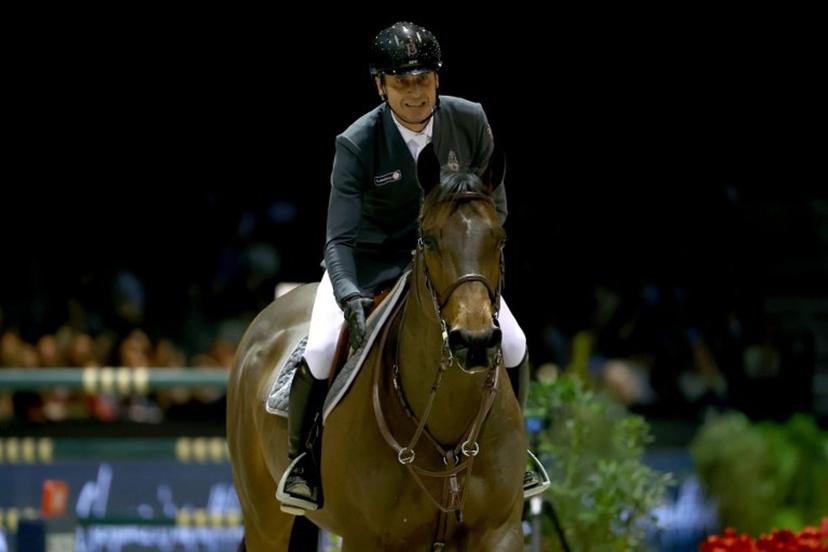 French' Julien Epaillard riding Donatello d'Auge reacts during the FEI World Cup Jumping event at the Parc des Expositions in Bordeaux, south-western France, on February 8, 2025.   ROMAIN PERROCHEAU / AFP