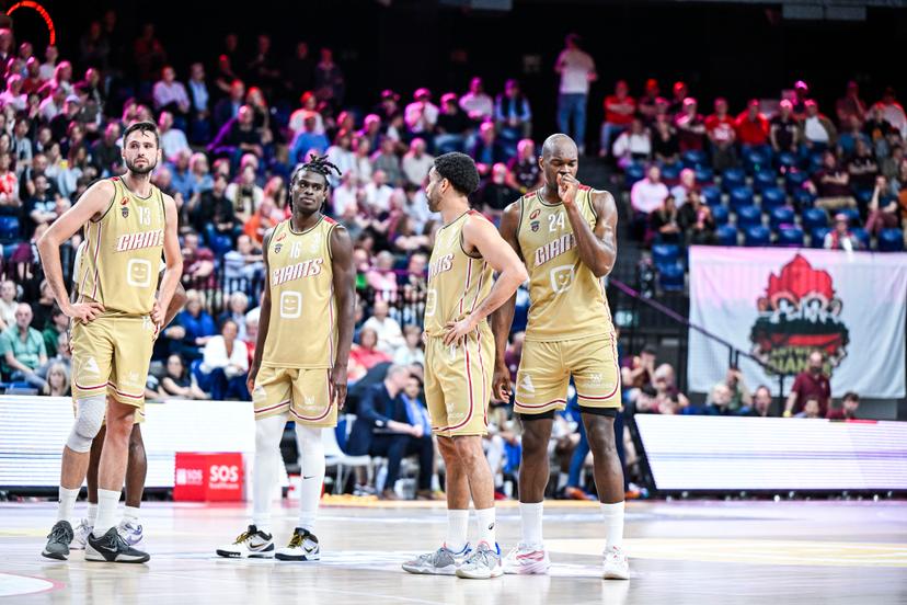 Antwerp's Yoeri Schoepen, Antwerp's Clarence Daniels II, Antwerp's Elias Lasisi and Antwerp's Kevin Tumba look dejected during a basketball match between Antwerp Giants and BC Oostende, Thursday 15 May 2025 in Antwerp, a quarter final game (2nd leg, best-of-3) in the playoffs of the 'BNXT League' Belgian/ Dutch first division basket championship. BELGA PHOTO TOM GOYVAERTS