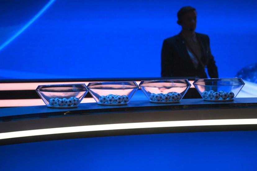 This photograph shows draw balls displayed on set prior to the draw ceremony for the UEFA Champions League football tournament 2023-2024 at The Grimaldi Forum in the Principality of Monaco on August 31, 2023.  NICOLAS TUCAT / AFP