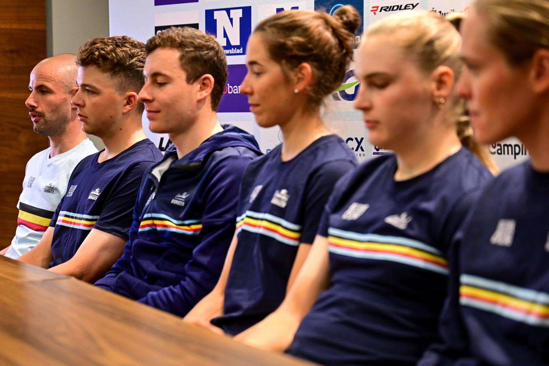 Belgian Victor Campenaerts, Belgian Florian Vermeersch, Belgian Jonathan Vervenne, Belgian Marieke Meert, Belgian Marthe Goossens and Belgian Julie Van De Velde pictured during a press conference at the cycling road World Championships, in Kigali, Rwanda, Monday 22 September 2025. The 2025 UCI Road World Championships take place from 21 to 28 September in Kigali, Rwanda. BELGA PHOTO DIRK WAEM