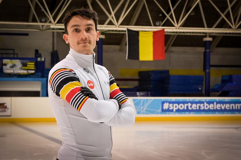 Belgian shorttrack skater Stijn Desmet poses for the photographer during a training session of Belgian shorttrack skaters in Hasselt, Thursday 18 May 2023. BELGA PHOTO JILL DELSAUX