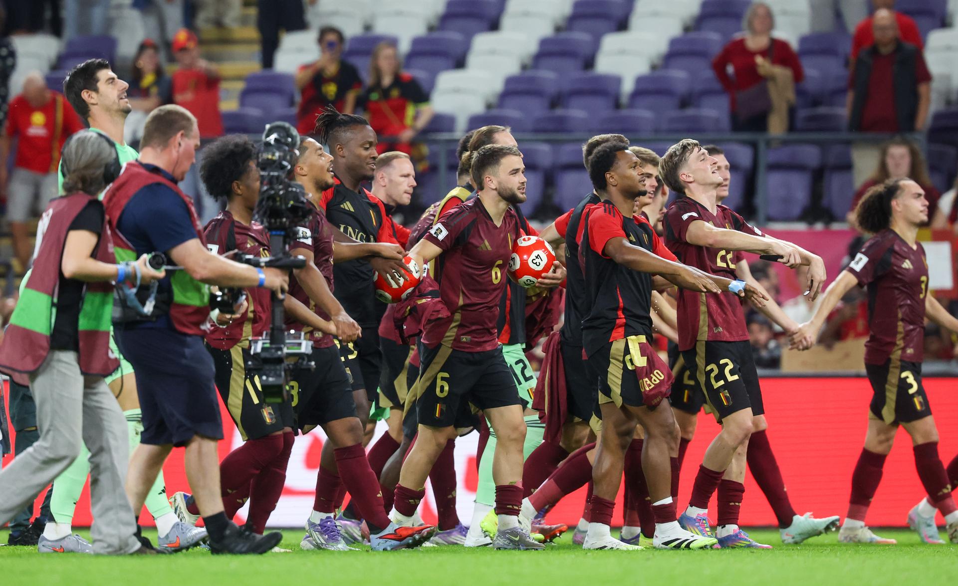Belgium's players celebrate after winning a soccer game between Belgian national soccer team Red Devils and Kazakhstan, in Brussels, on Sunday 07 September 2025, the fourth (out of 8) qualification games for the World Cup 2026. BELGA PHOTO VIRGINIE LEFOUR