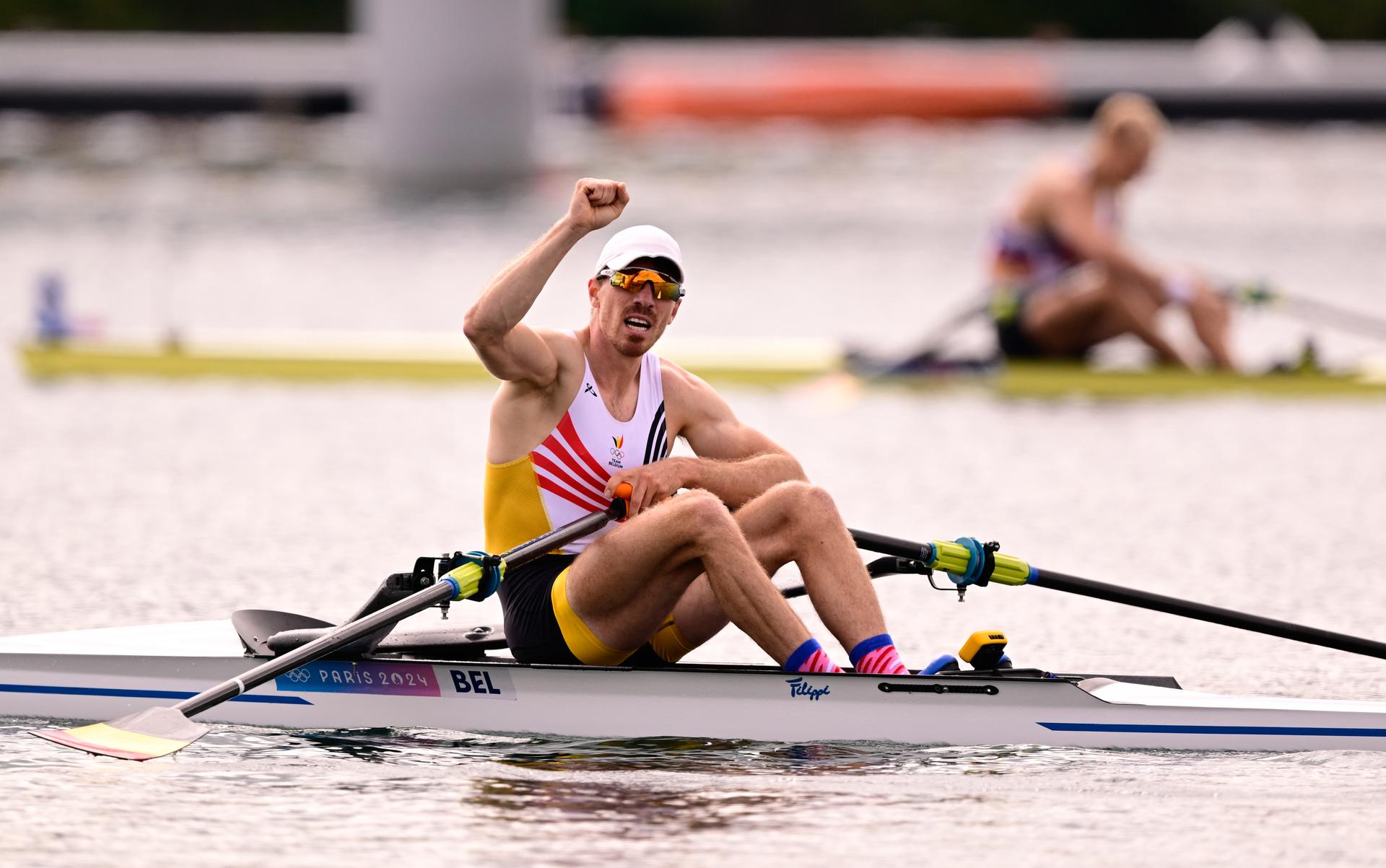 Belgian rower Tim Brys pictured in action during the final of the men's single sculls rowing event at the Paris 2024 Olympic Games, on Saturday 03 August 2024 in Paris, France. The Games of the XXXIII Olympiad are taking place in Paris from 26 July to 11 August. The Belgian delegation counts 165 athletes competing in 21 sports. BELGA PHOTO LAURIE DIEFFEMBACQ